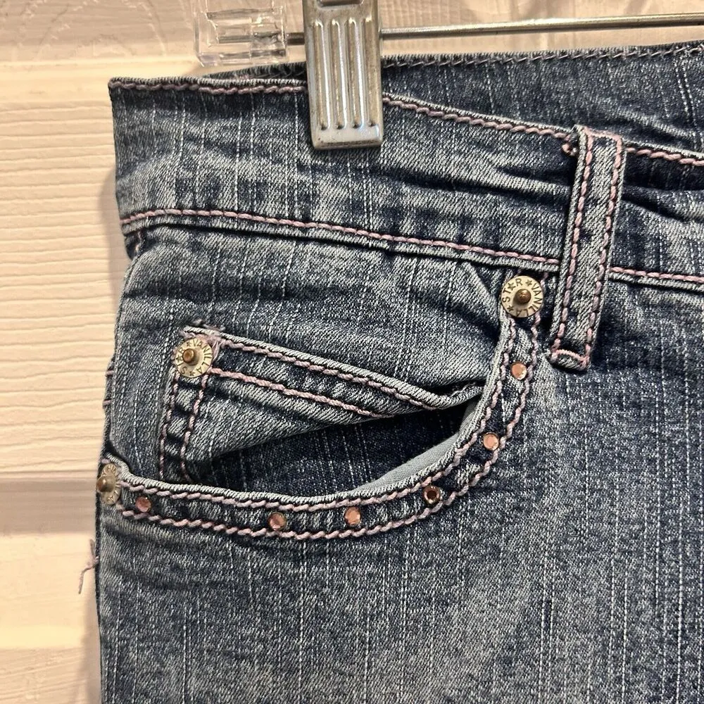 VTG Y2K Low Rise Flare Jeans Vanilla Star Jr‎ Size 7 Pink Stitches Rhinestones - Image 2