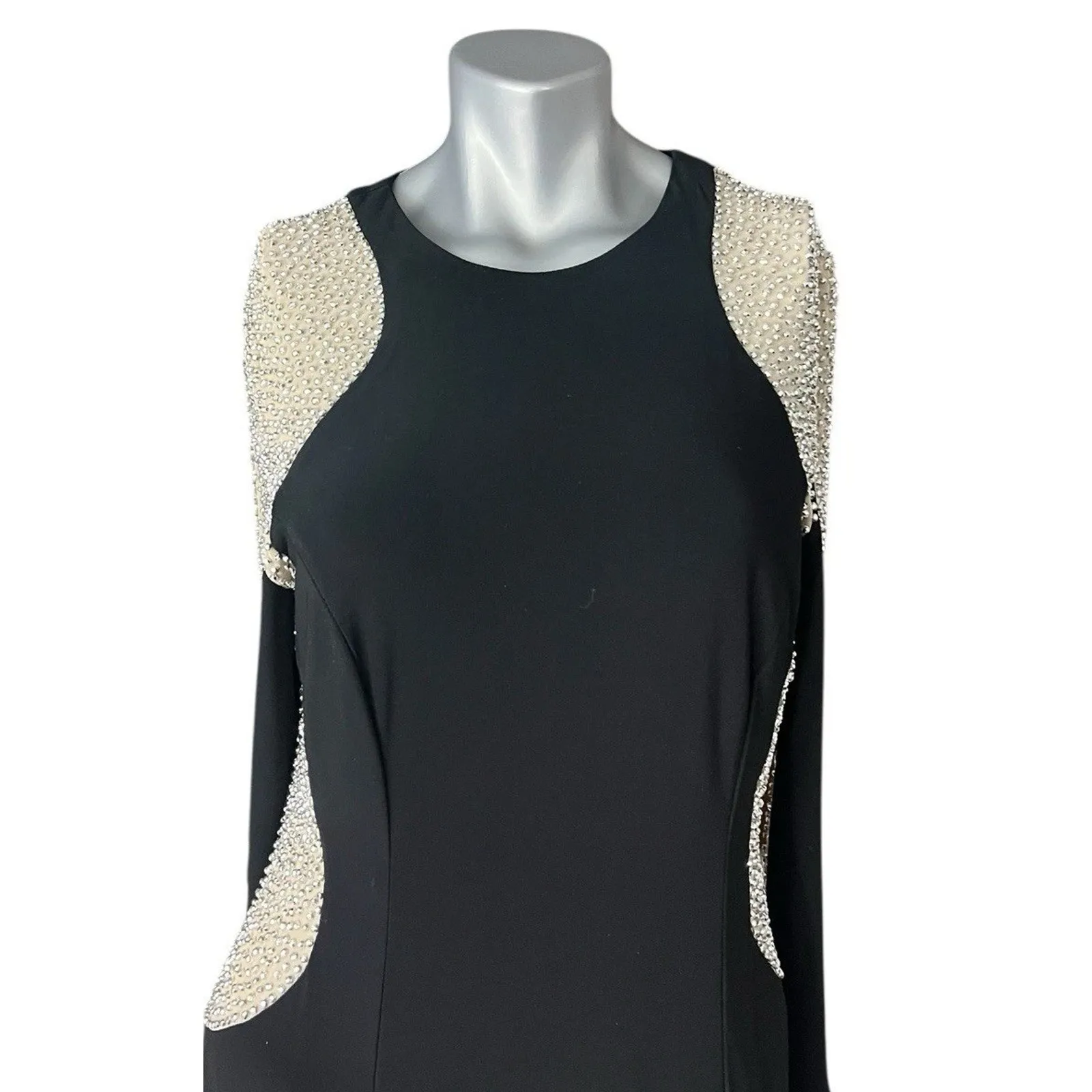 XSCAPE Black Beaded Illusion Long Sleeve Bodycon Dress Size 14 Event Prom - Image 4