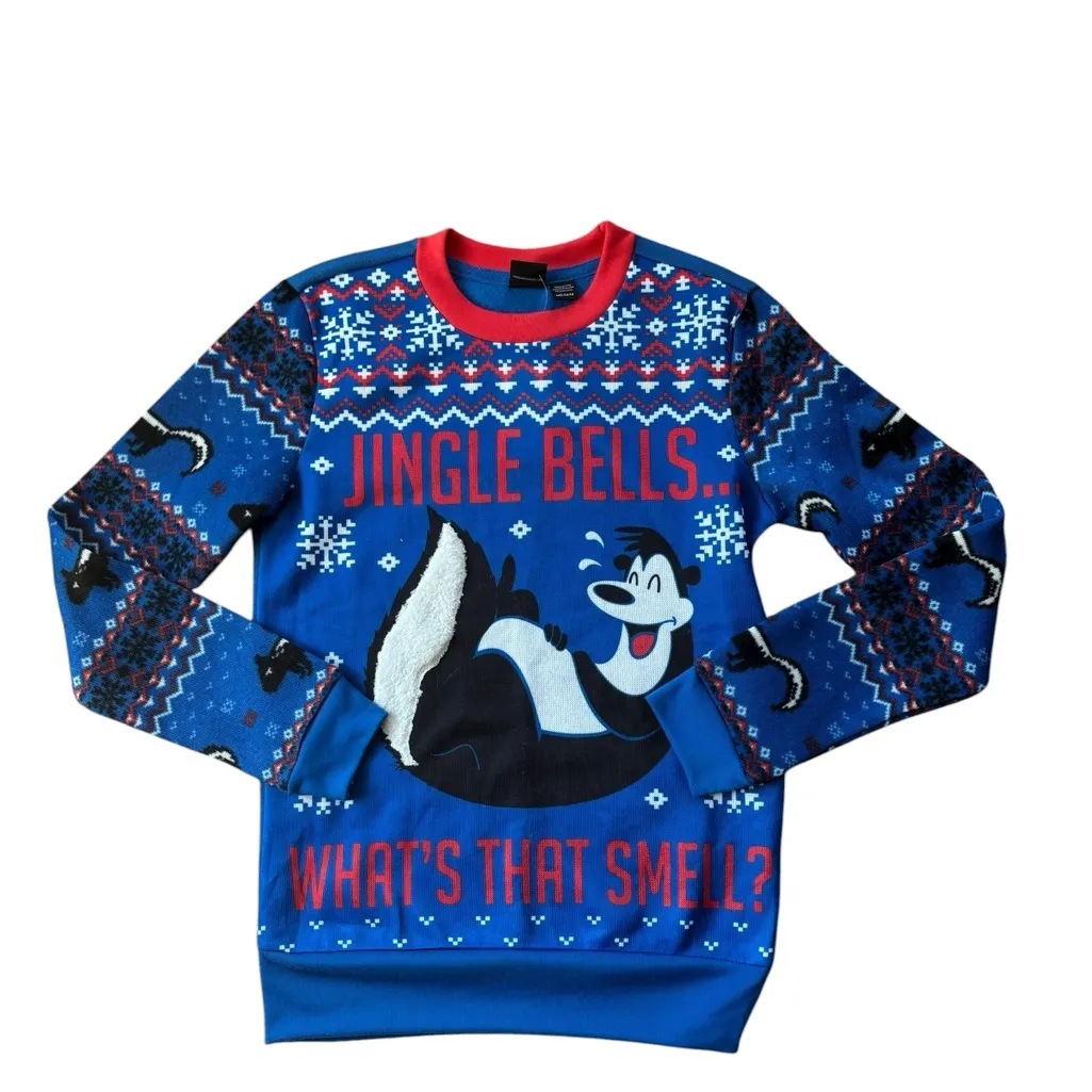 MAD Engine Sweater M Jingle Bells What’s That Smell? Pictured Skunk Snowflakes Blue Size M - Image 4