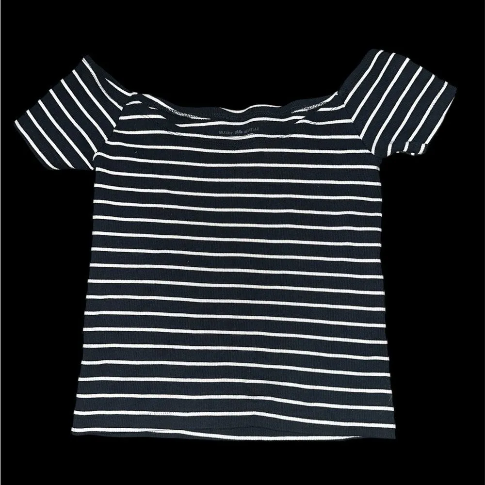 Brandy Melville Navy Blue and White Striped Short Sleeve Top. NWT. - Image 4