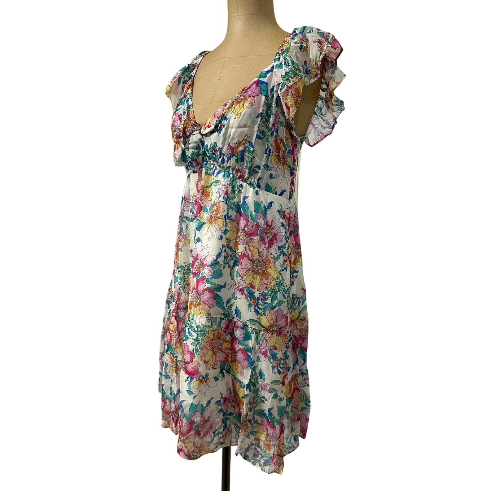 Hale Bob Mini Dress Floral Flutter Sleeve Sweetheart Neck Ruffle New - Image 9