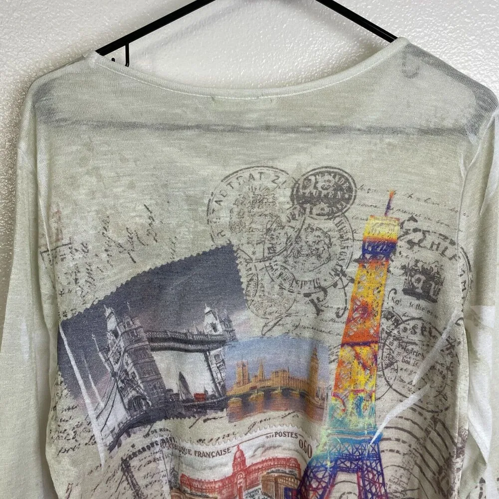 Cactus Shirt Womens Large Top White Multi Europe Paris Mail Stamp Rhinestone - Image 10