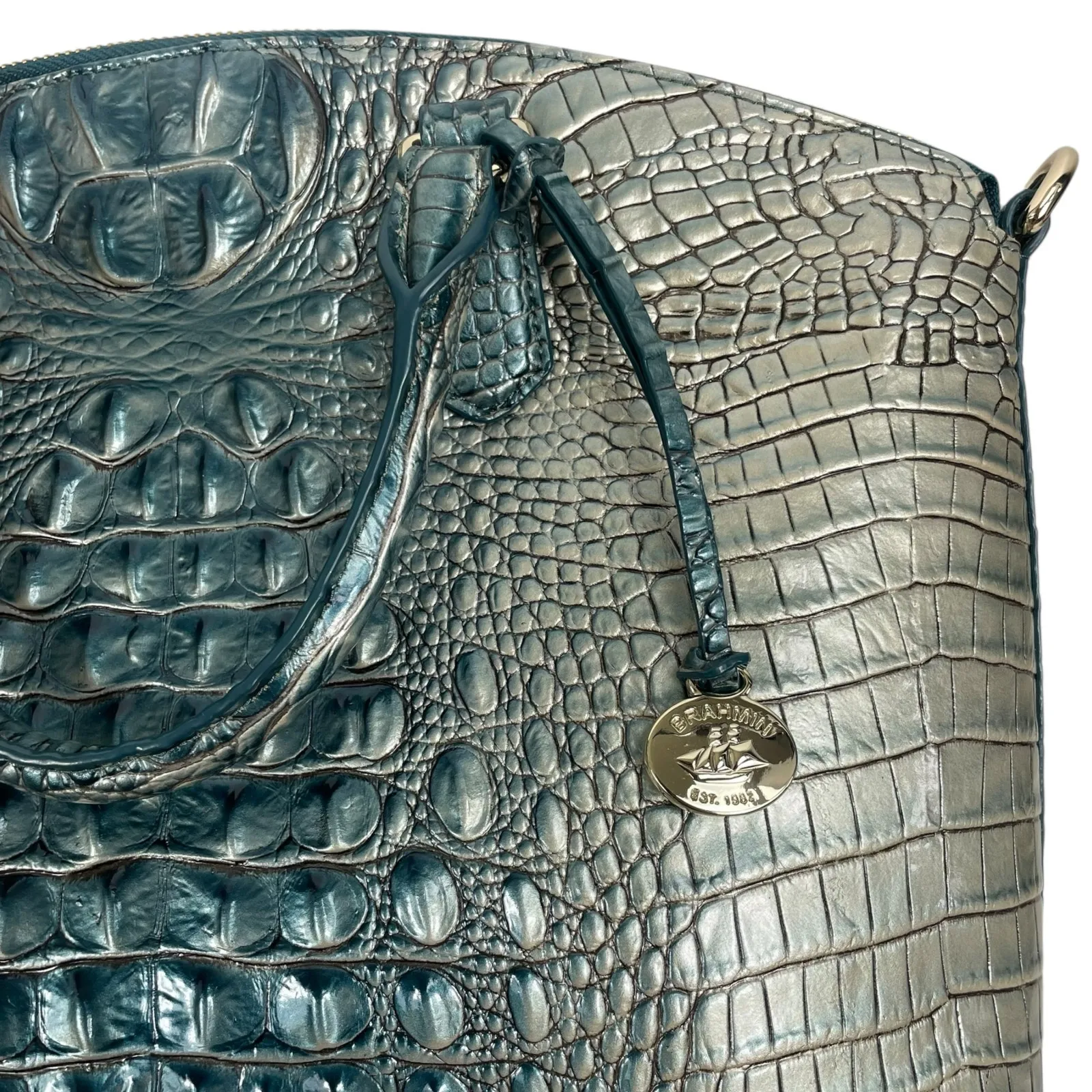 Brahmin Large Duxbury Satchel Bag Petrol Ombre Melbourne Green Leather Croc - Image 9
