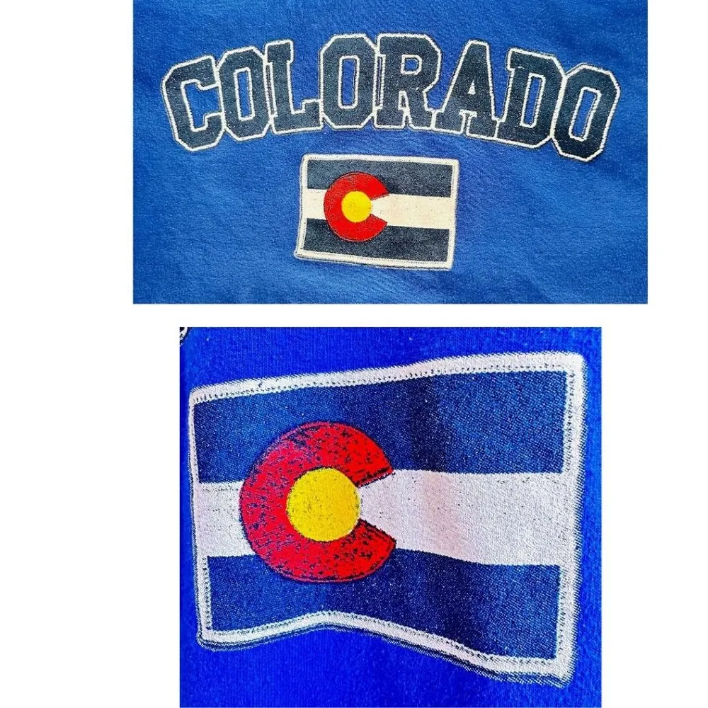 Vintage Colorado Hoodie Medium Blue Flag Kangaroo Pockets Unisex Snowboa… - Image 2
