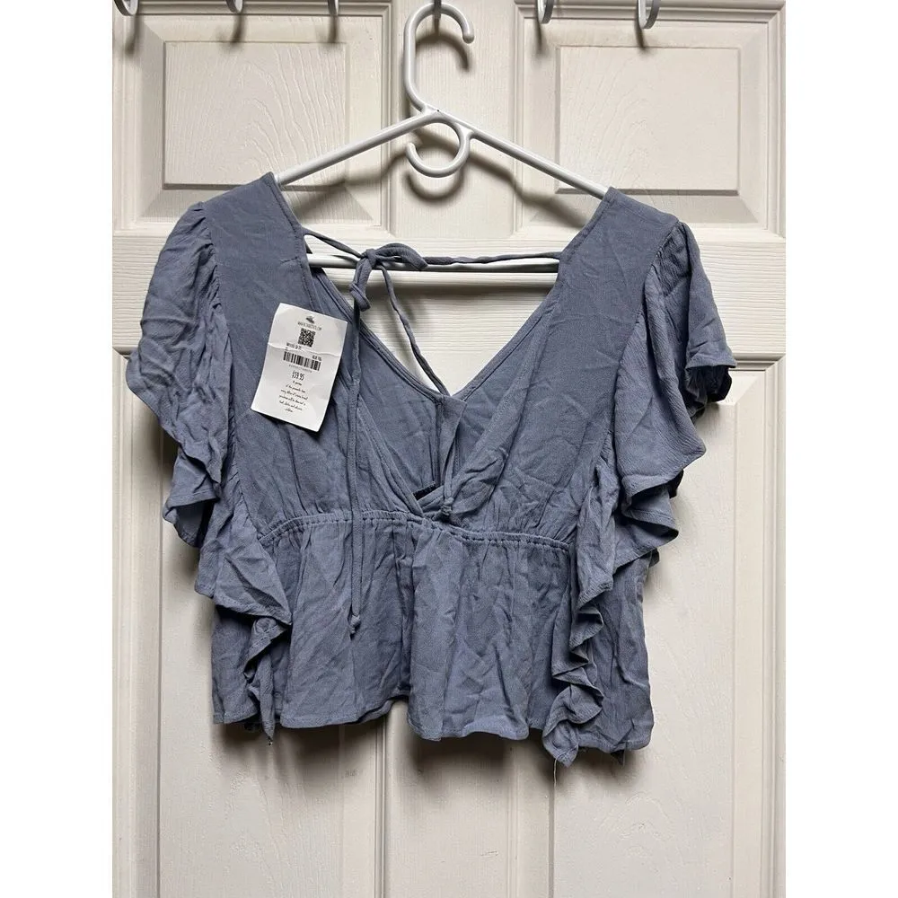 CNV) NWT Altar'd State XS Blouse Top Ruffle Blue Short Sleeve Peplum V Back‎ New - Image 4
