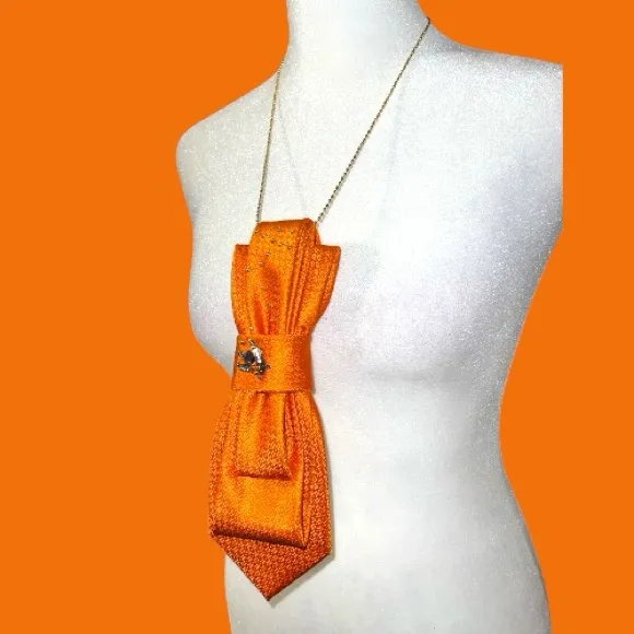 “Dainty Dapper”Orange Necktie necklace with gold Detail and rhinestone bug Orange - Image 2