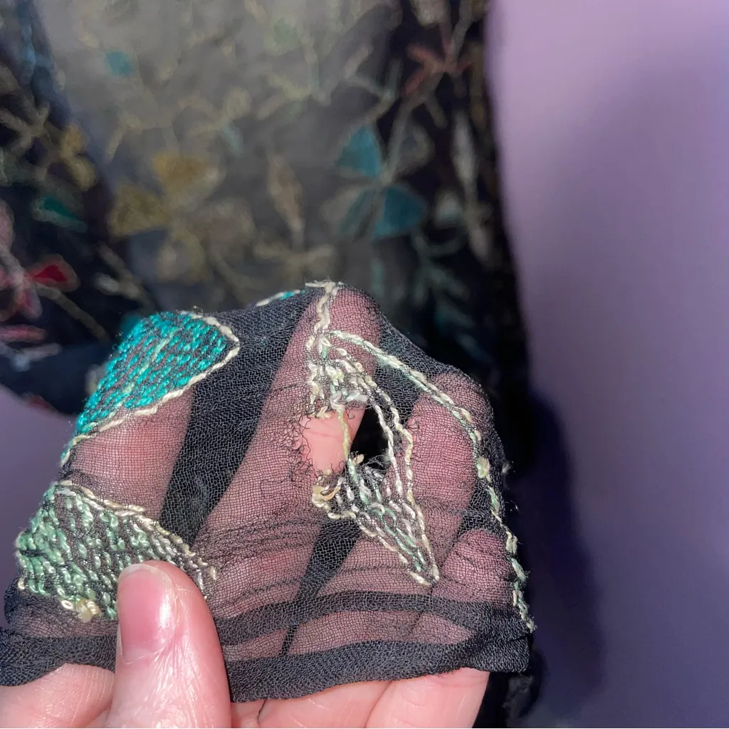 Embroidered Chiffon Georgette Large Scarf Rainbow Boho Preppy Eclectic Artsy Black - Image 6