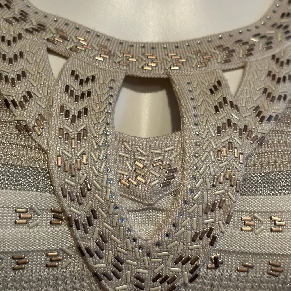 White House Black Market Beaded Knit metallic White Silver & Light Brown SZ S - Image 8