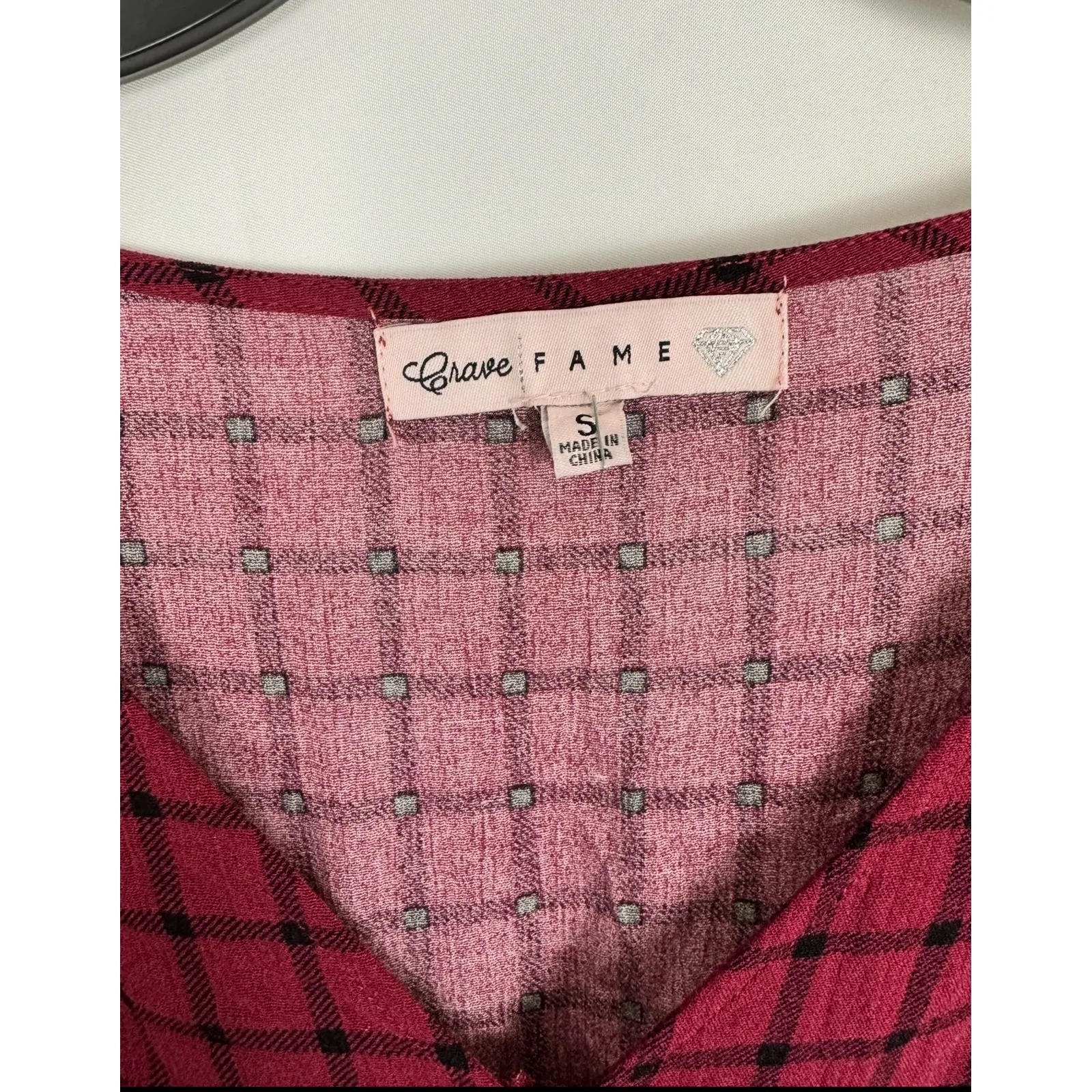 Crave Fame Plaid Blouse Ruched Front Long Sleeve Top Burgundy Small‎ - Image 3