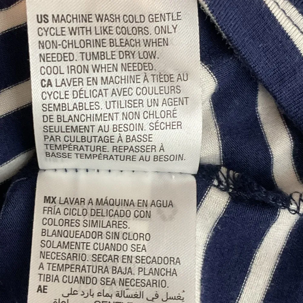 Maison Jules Large Navy Blue White Stripes Short Sleeve Back Tie Keyhole Shirt - Image 7