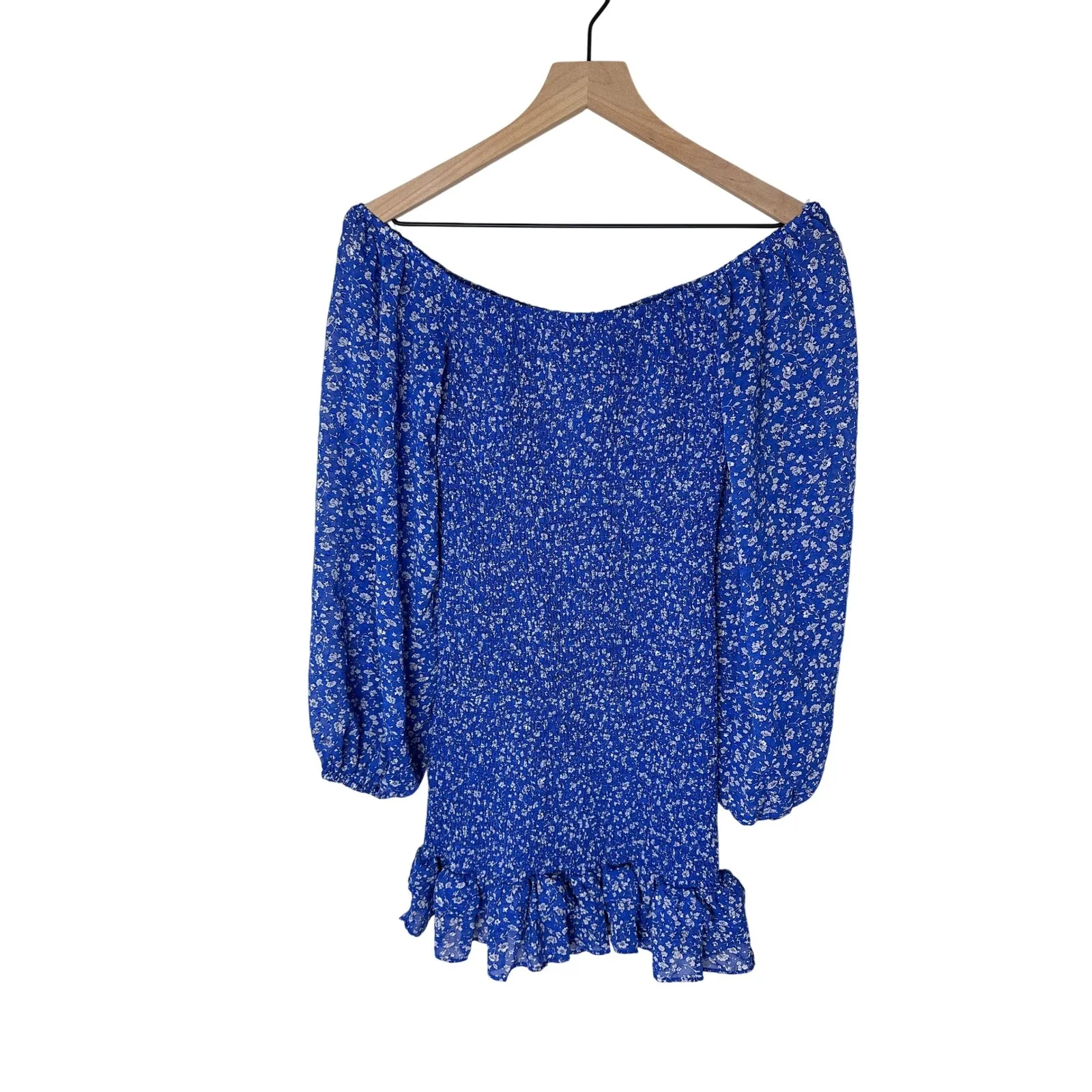 Hello Molly Women's Blue Floral "Just a Number" Mini Dress Smocked Ruffle Size 8 - Image 6