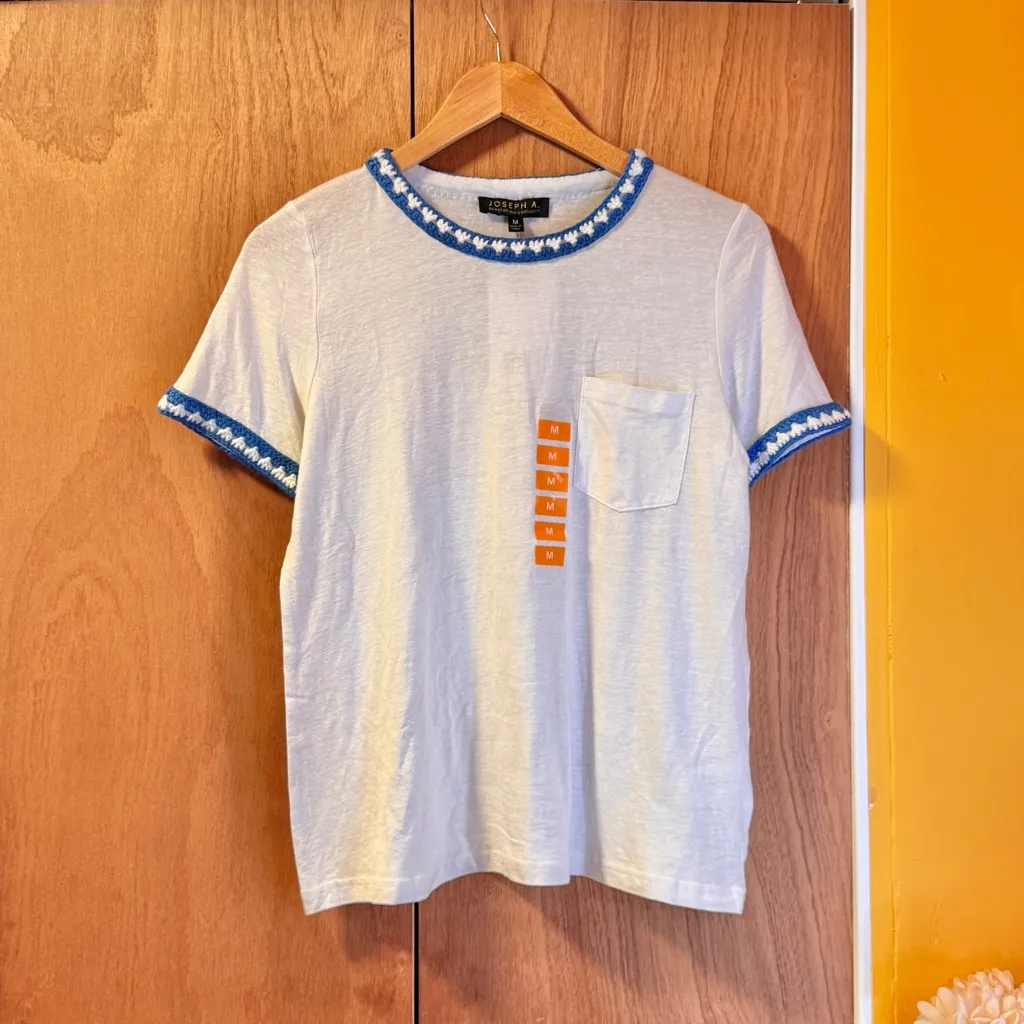 Joseph A Womens Short Sleeve Pocket Tee Retro Crochet Collar Cuff Linen White M - Image 2