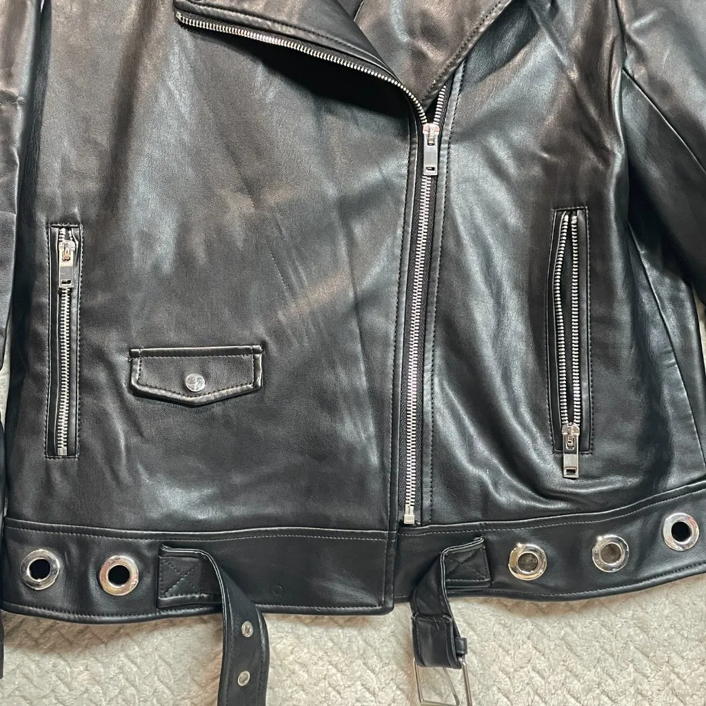 Zara Womens Large Black Faux Leather Moto Biker Style Cropped Jacket - Image 8