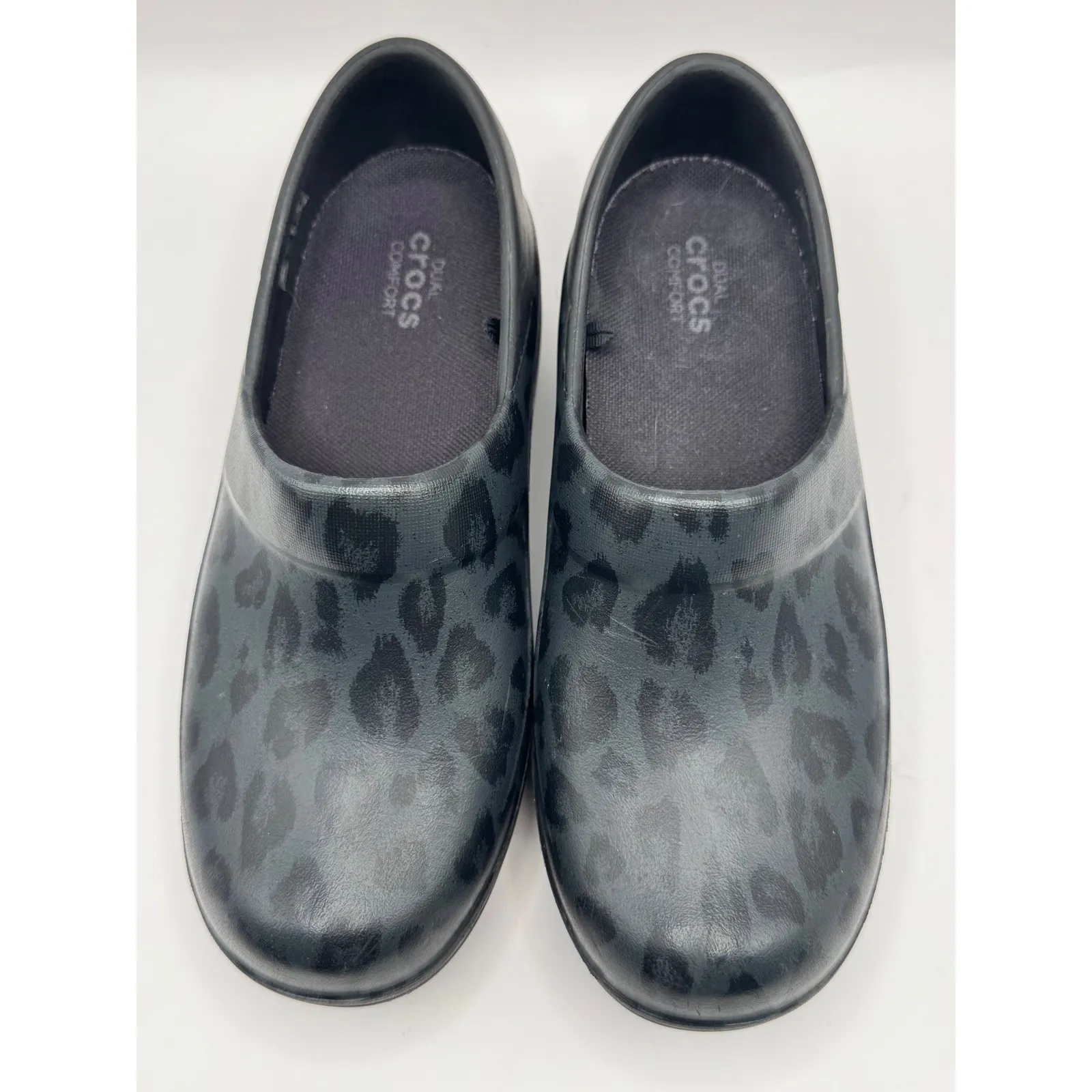 Crocs Shoes Women 5 Black Gray Leopard Neria Pro II LiteRide Work Clogs Non Slip - Image 6