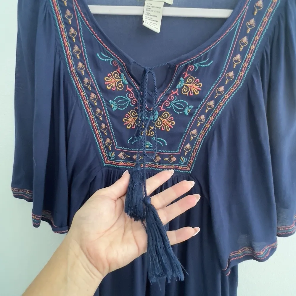 Anthropologie embroidered Dress Flying Tomato Dolman Sleeves SMALL BLUE Boho - Image 2