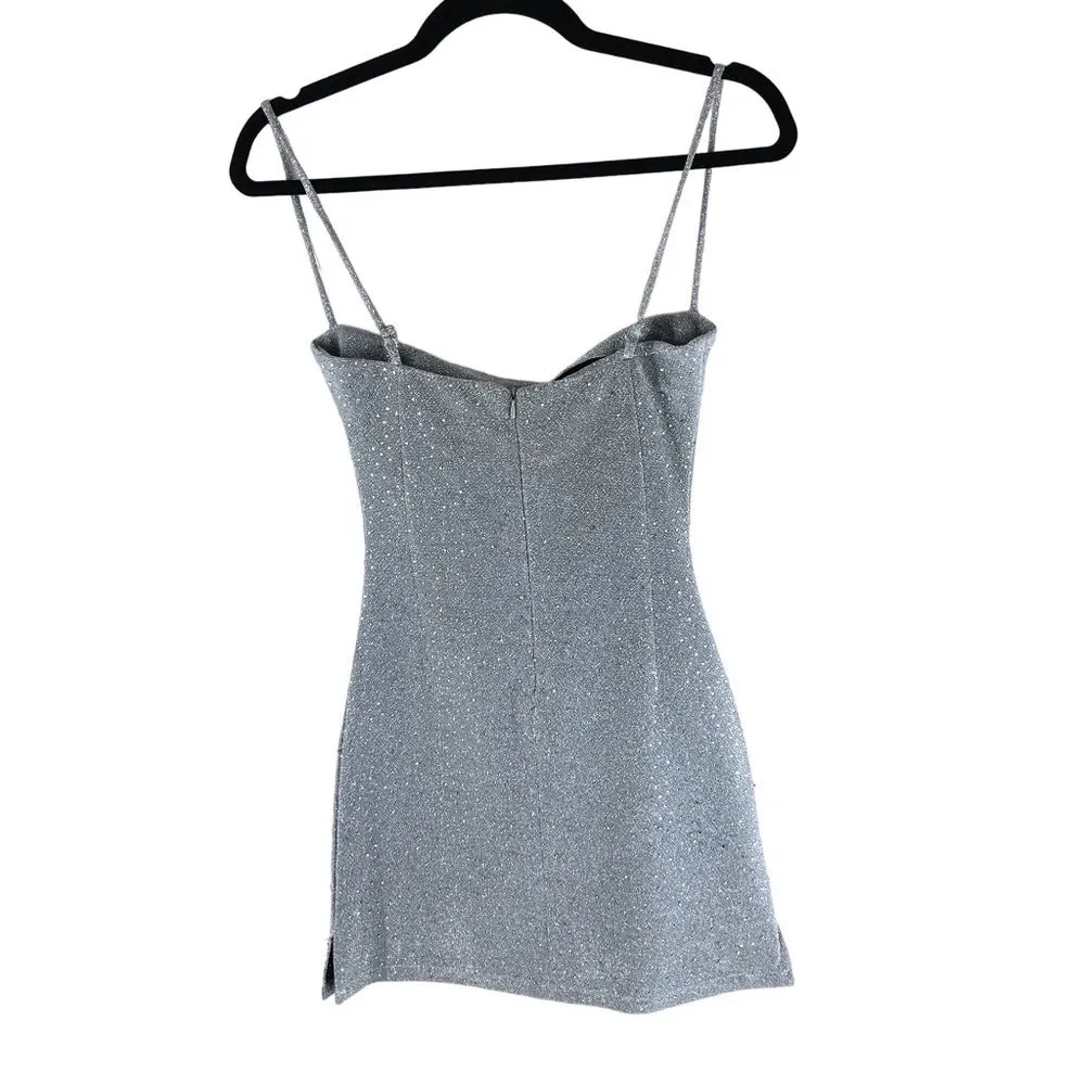 UNIF O-Ren Dress Mini Bodycon Rhinestones Square Neck Silver Gray XS - Image 5