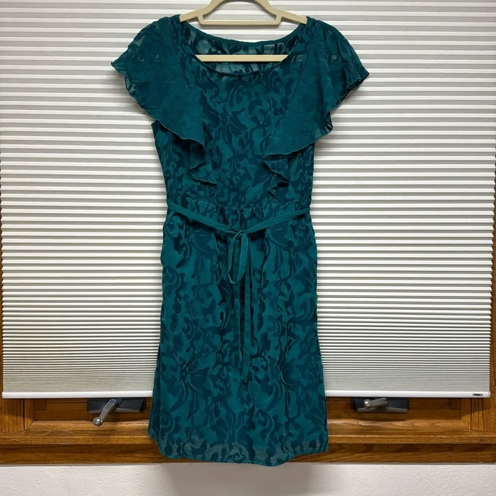 Anthropologie Moulinette Soeurs NWT Teal Green Fluttered Scrollwork Mini Dress - Image 3