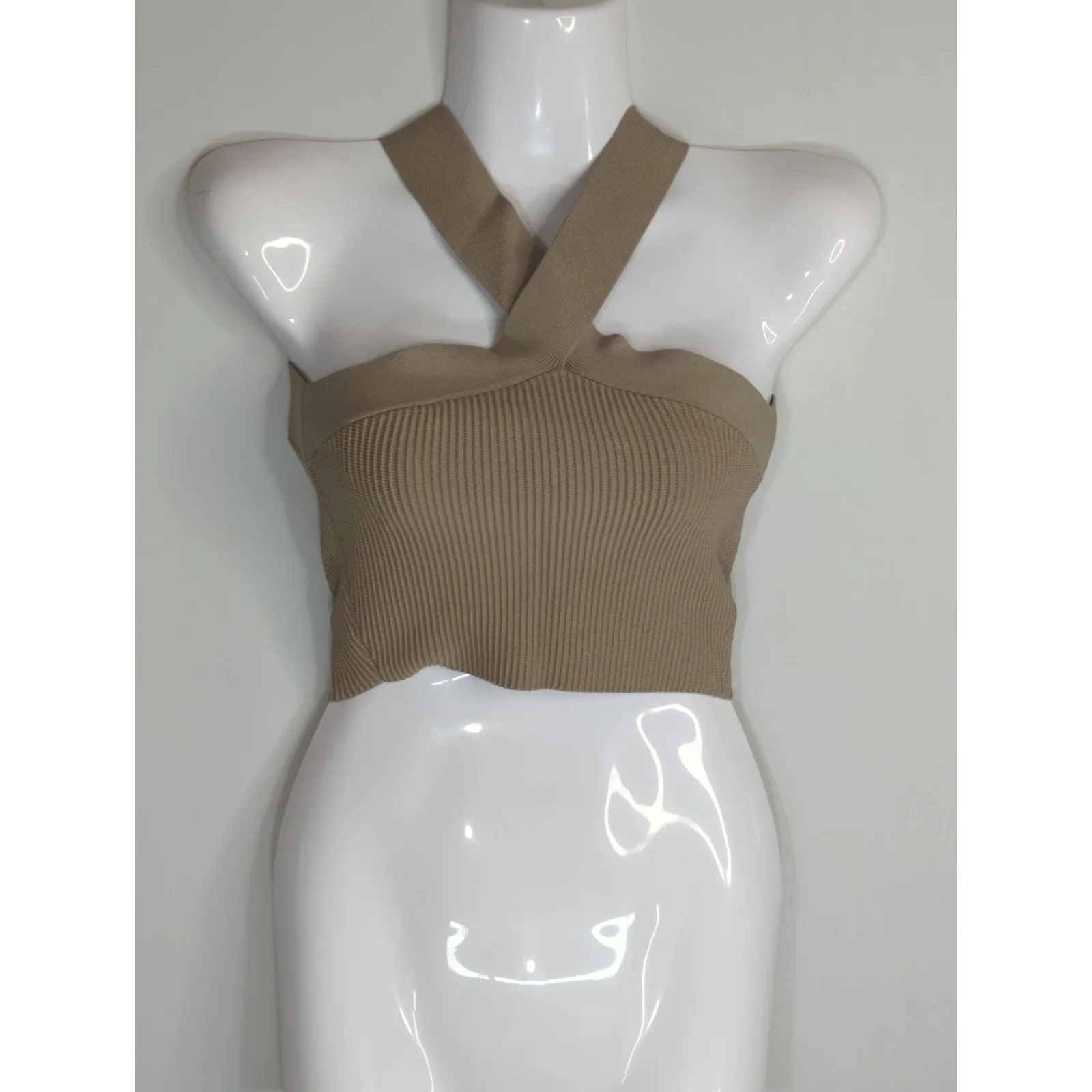 Babaton Saville Tan Sculpt Knit Criss Cross Cropped Tank Womens XS Halter Top‎ - Image 2