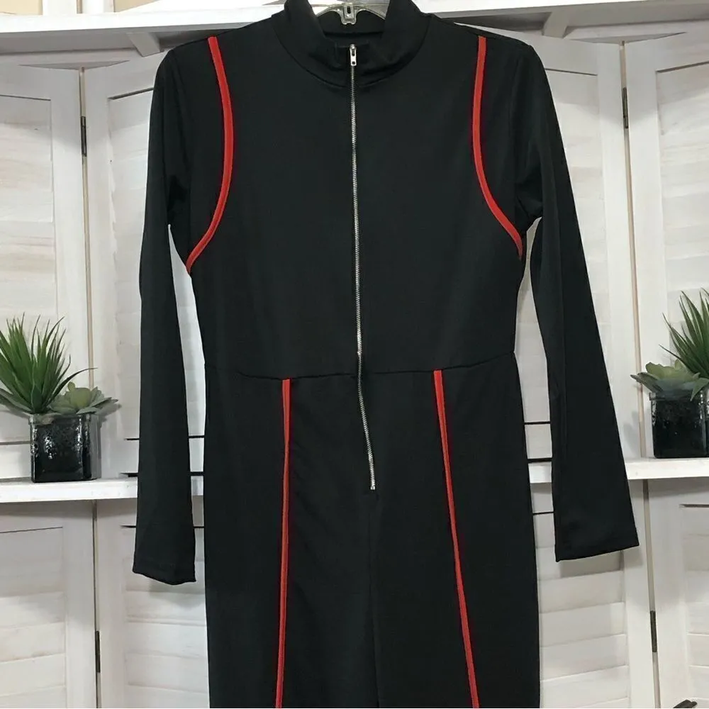 Vintage Y2K Catsuit Jumpsuit Black Red Piping S M - Image 7