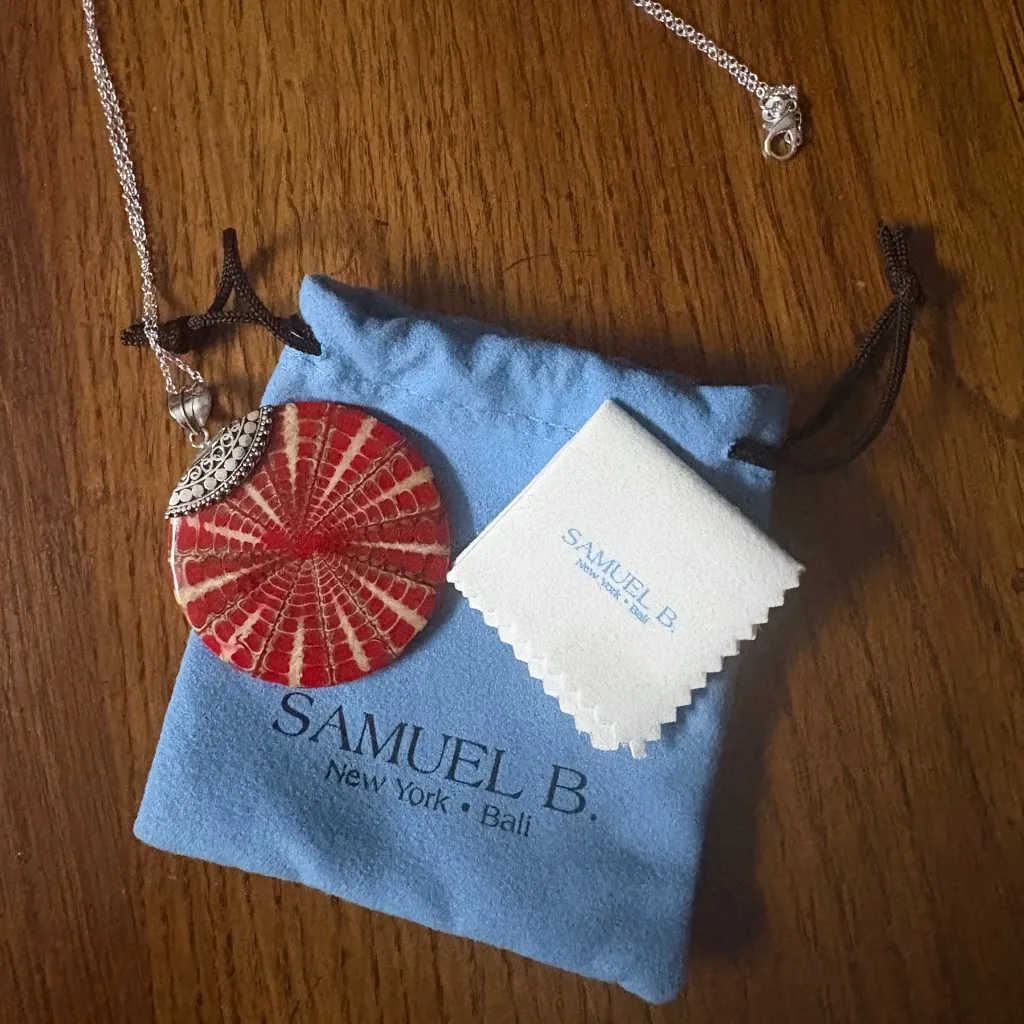 Samuel B Behnam Dyed Red Round Sterling .925 Pendant Silver Necklace Chain EUC - Image 9