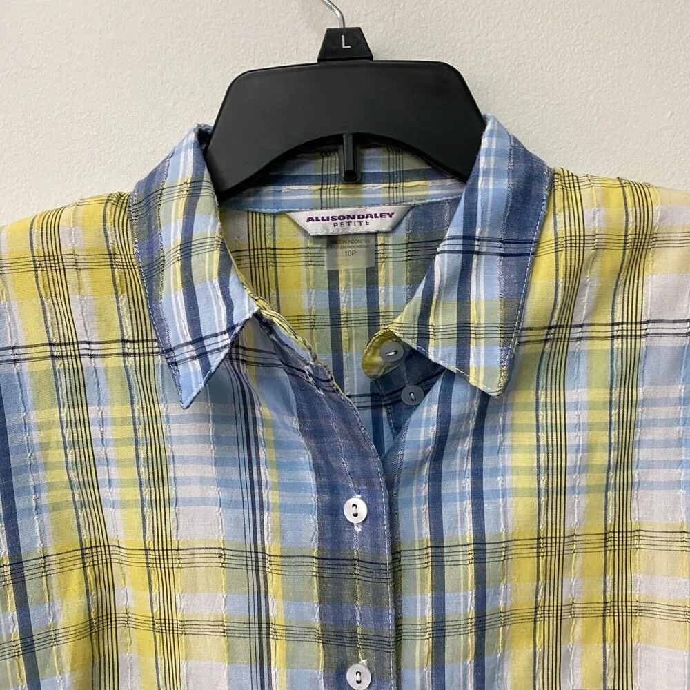 Allison Daley Women’s Shirt Petite 10P Button Up Long Sleeve Yellow Blue Plaid - Image 6
