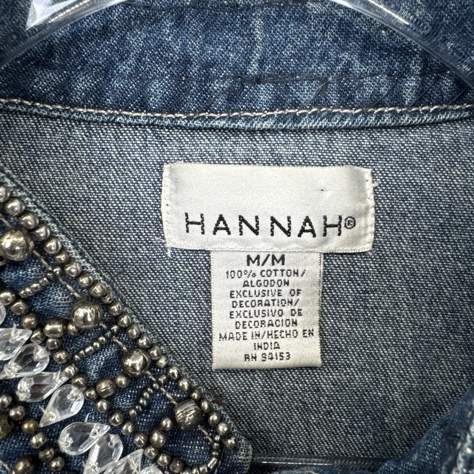 Vintage Hannah Denim Military Jacket Womens Medium Blue Jean Cotton Beaded - Image 5