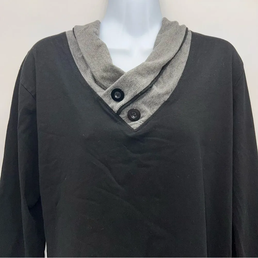 100% Cotton Long Sleeve V-Neck Jersey Knit Black Sweater w/Gray Collar/Cuffs -XL - Image 2