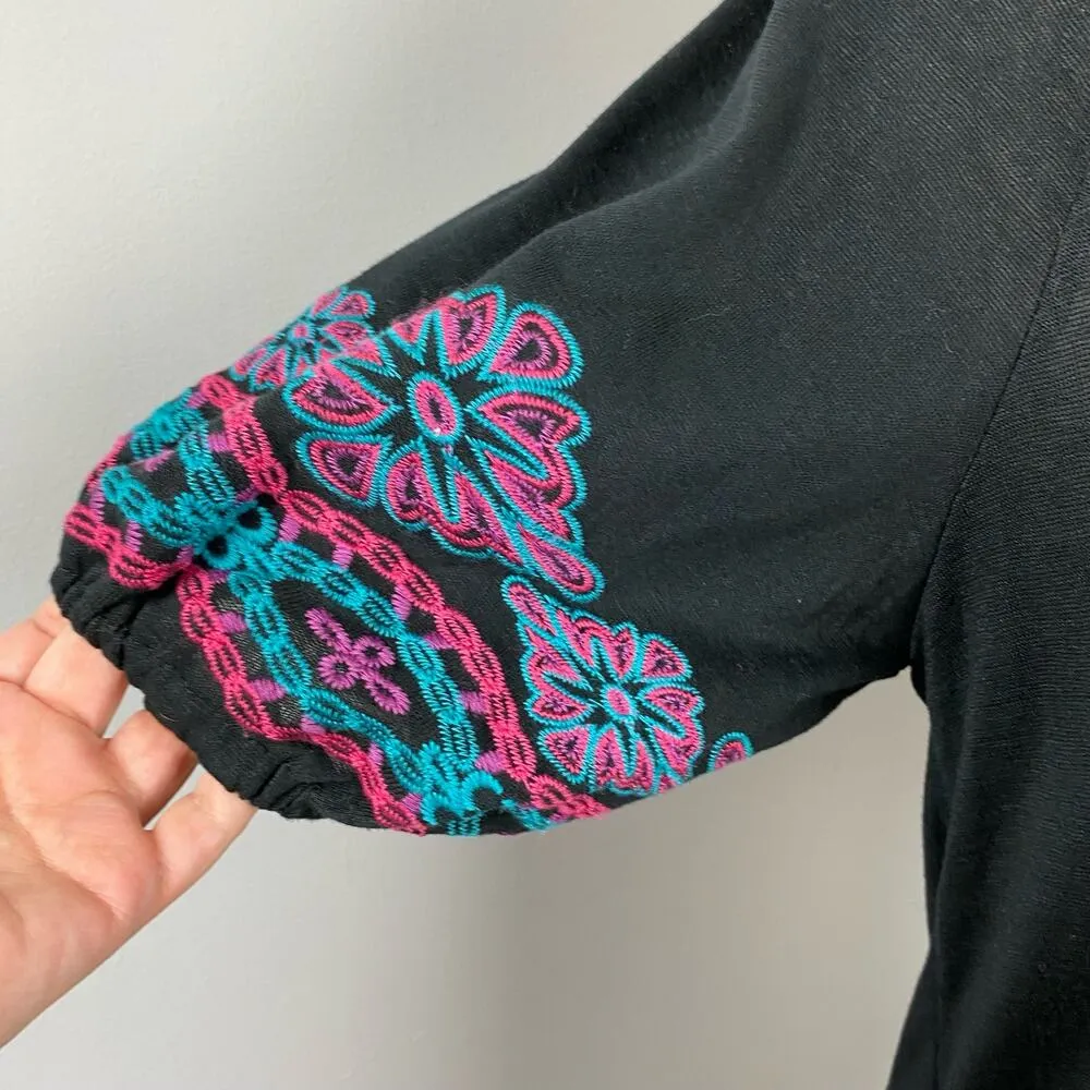 Floral Embroidered Puff Sleeve Blouse Top Telluride Clothing Medium Black - Image 3