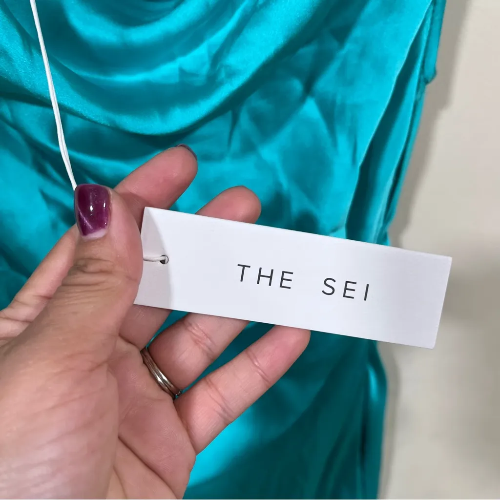 NWT THE SEI Draped silk satin gown Asymmetric sky 65" from shoulder - Image 7