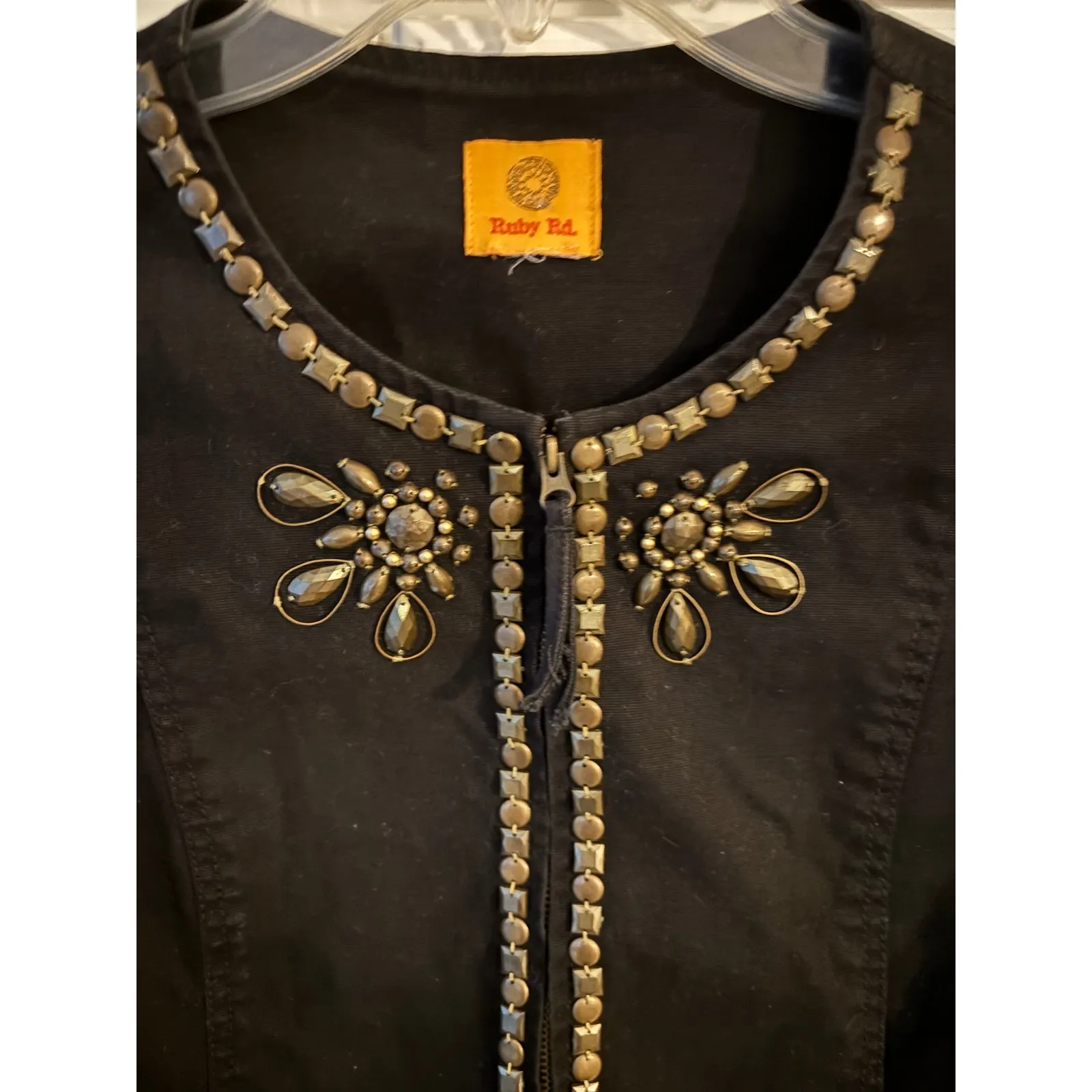 Ruby Rd Black Embellished Zipper Front Jacket Womens 3/4 Sleeve - Image 2