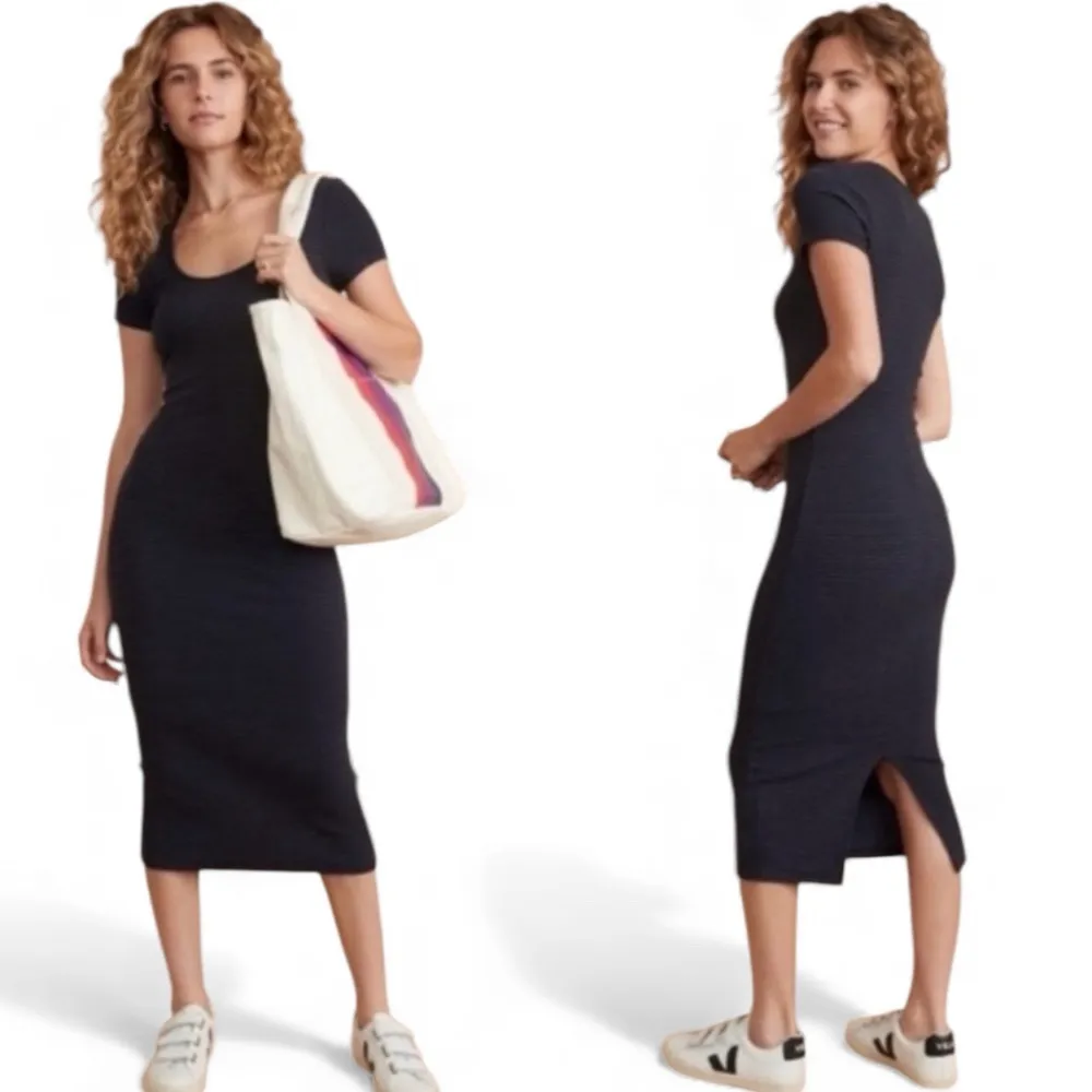 Marine Layer Lexi Rib Black Blue Striped Short Sleeve Midi T-Shirt Dress Size XL - Image 2