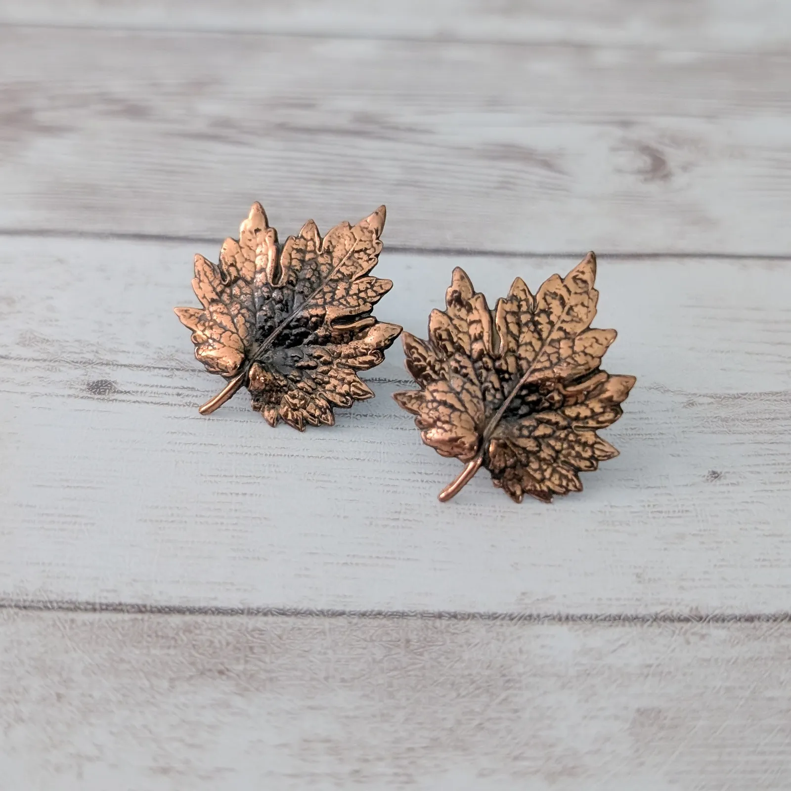 Vintage Screw On Earrings Copper Tone 1.25" Maple Leaf Orange - Image 2