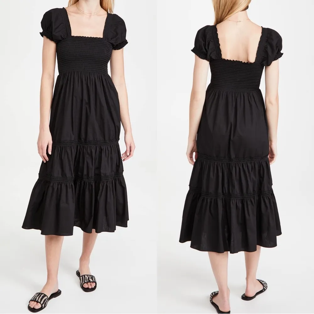 O.P.T. • Anthro Daphne Square Neck Smocked Maxi Dress black cotton poplin tiered - Image 12