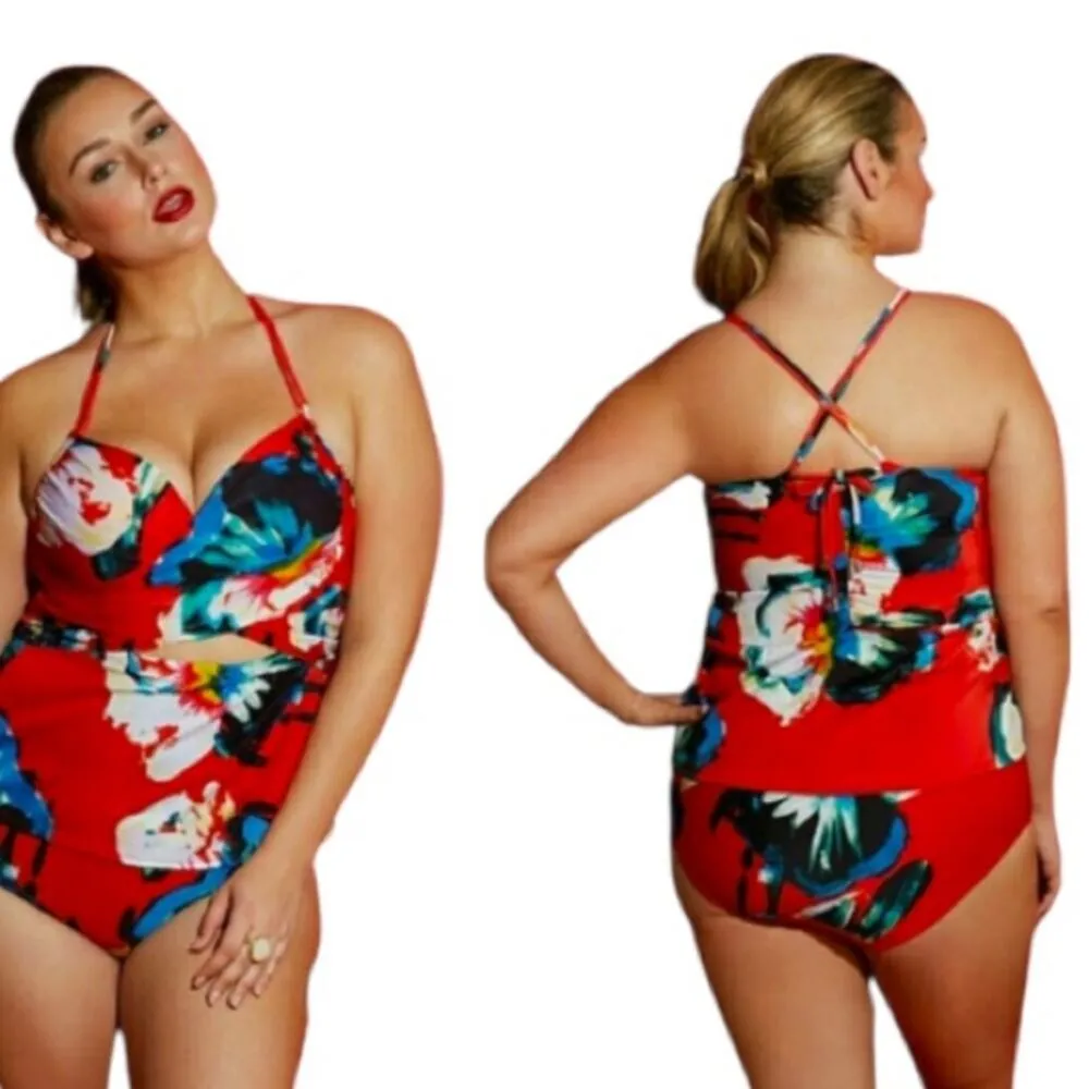 Lela Rose Women's Swim Tank Top Red Black Abstract Floral Size 42DDD - Image 14