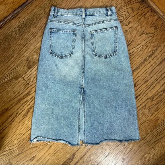 MNG | Split Back Raw Hem Denim Acid Wash Midi Skirt Size S - Image 2