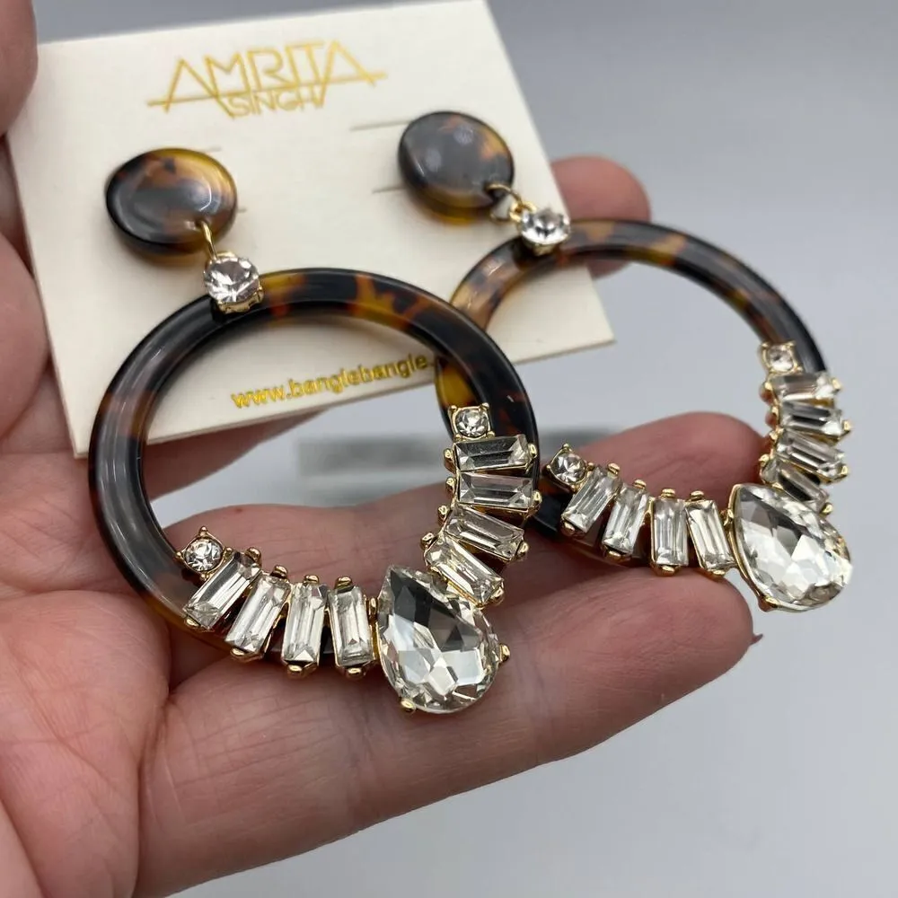 Amrita Singh Austrian Crystal Tortoise Shell Resin Circle Drop Earrings - Image 4