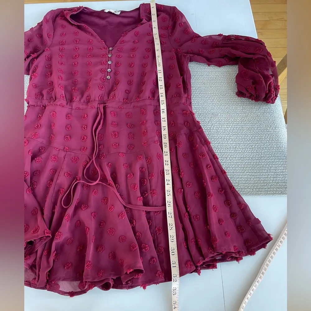 Entro Burgundy Sheer Long Sleeve V Neck Flounce Mini Dress Size Small - Image 6