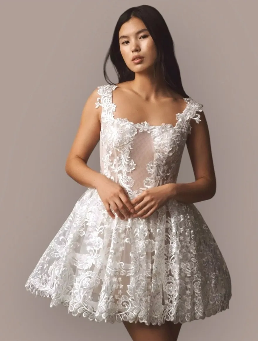 BHLDN NWT White Lace Square Neck Bridal Mini Dress Structured Skirt Size 6 - Image 1
