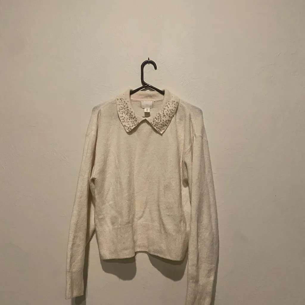 H&M Cream Sweater with Embellished Collar - Image 2