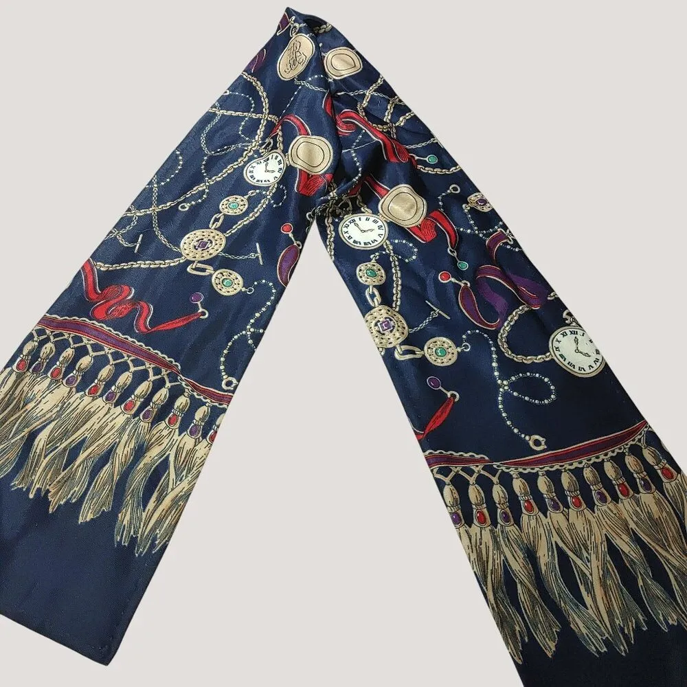Navy Silk Scarf With Clock Tassel Print Long Rectangular Design Coat Accent Gold - Image 3
