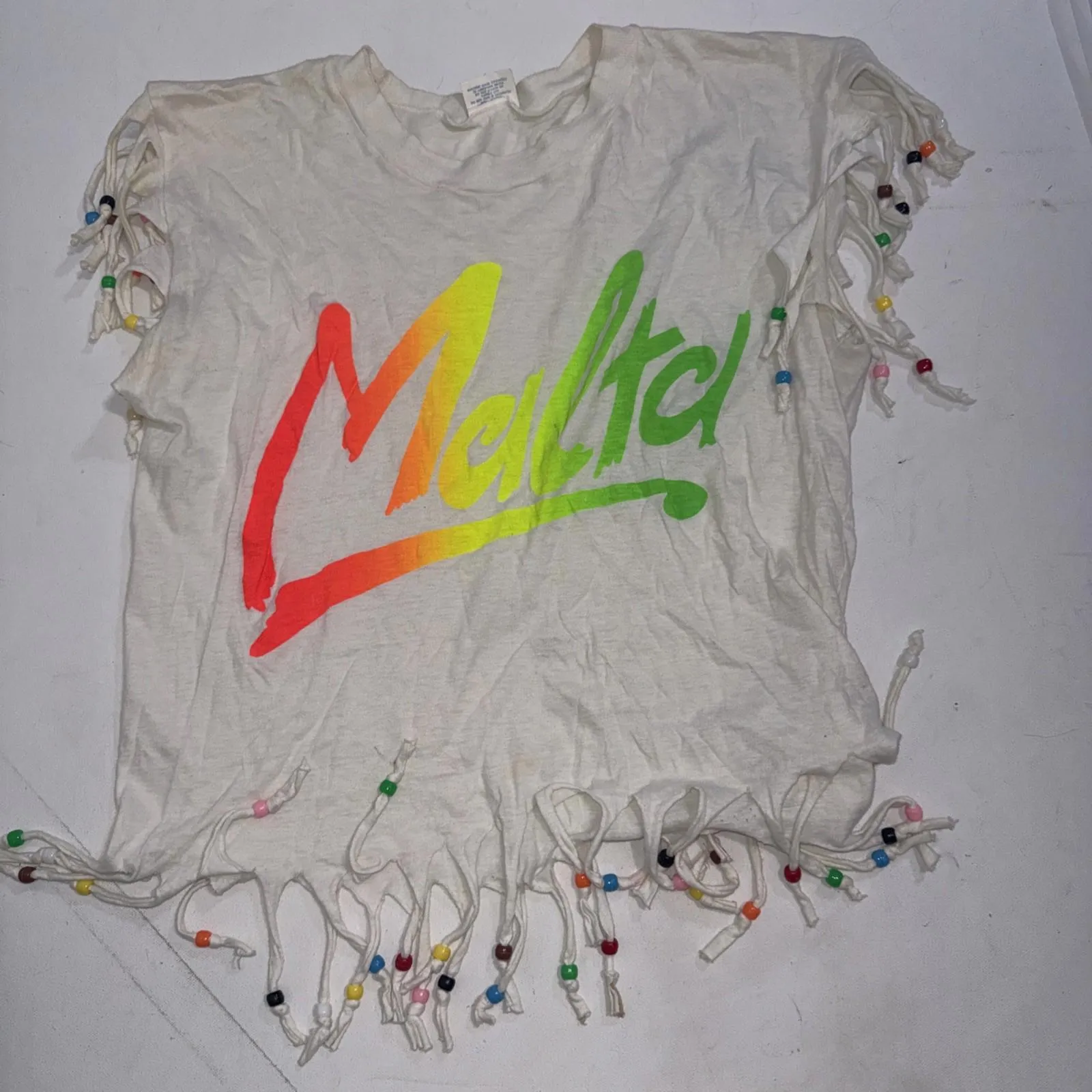 Vintage Windswept Beaded Crop Beach Boho Tropical Melted Cover Up Swim Tee Med White - Image 5