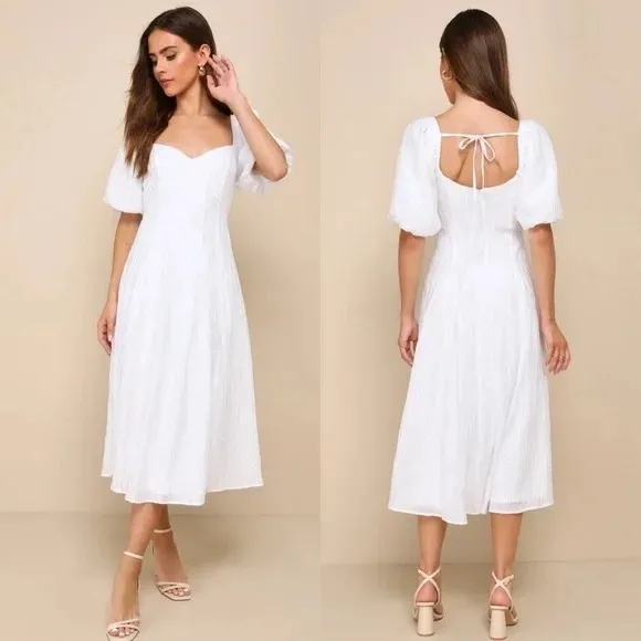 Lulus Stylish Merriment White Puff Sleeve Embroidered Midi Dress Size‎ M - Image 2