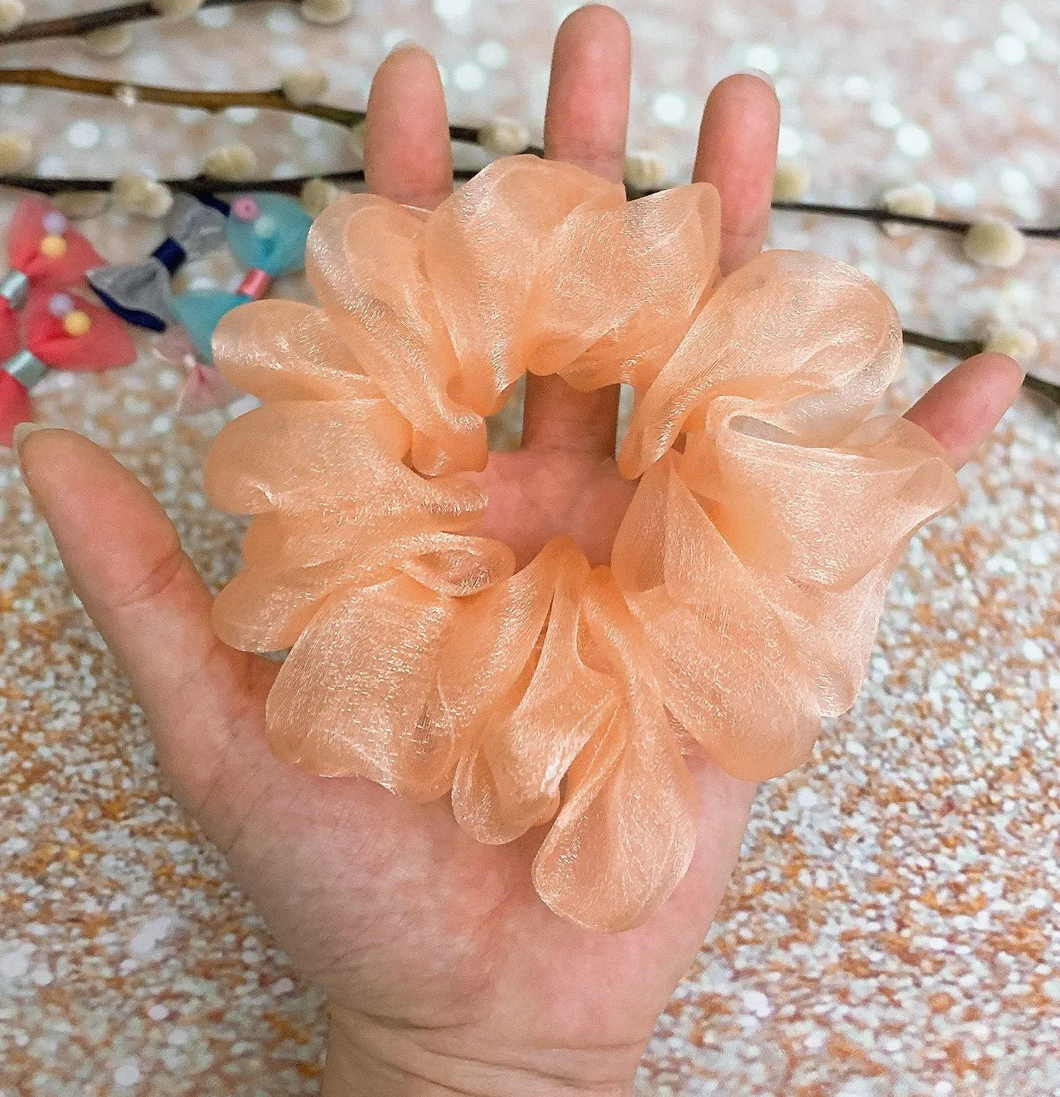 Peach Crystal Organza Scrunchie Orange - Image 2