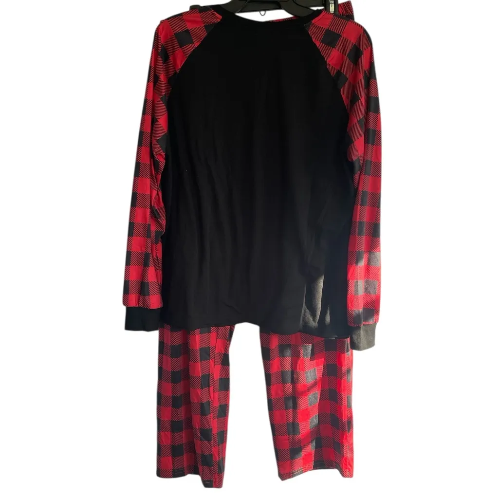PatPat Festive Pajama Set Red Black Buffalo Plaid Women XL Merry Christmas Deer - Image 2