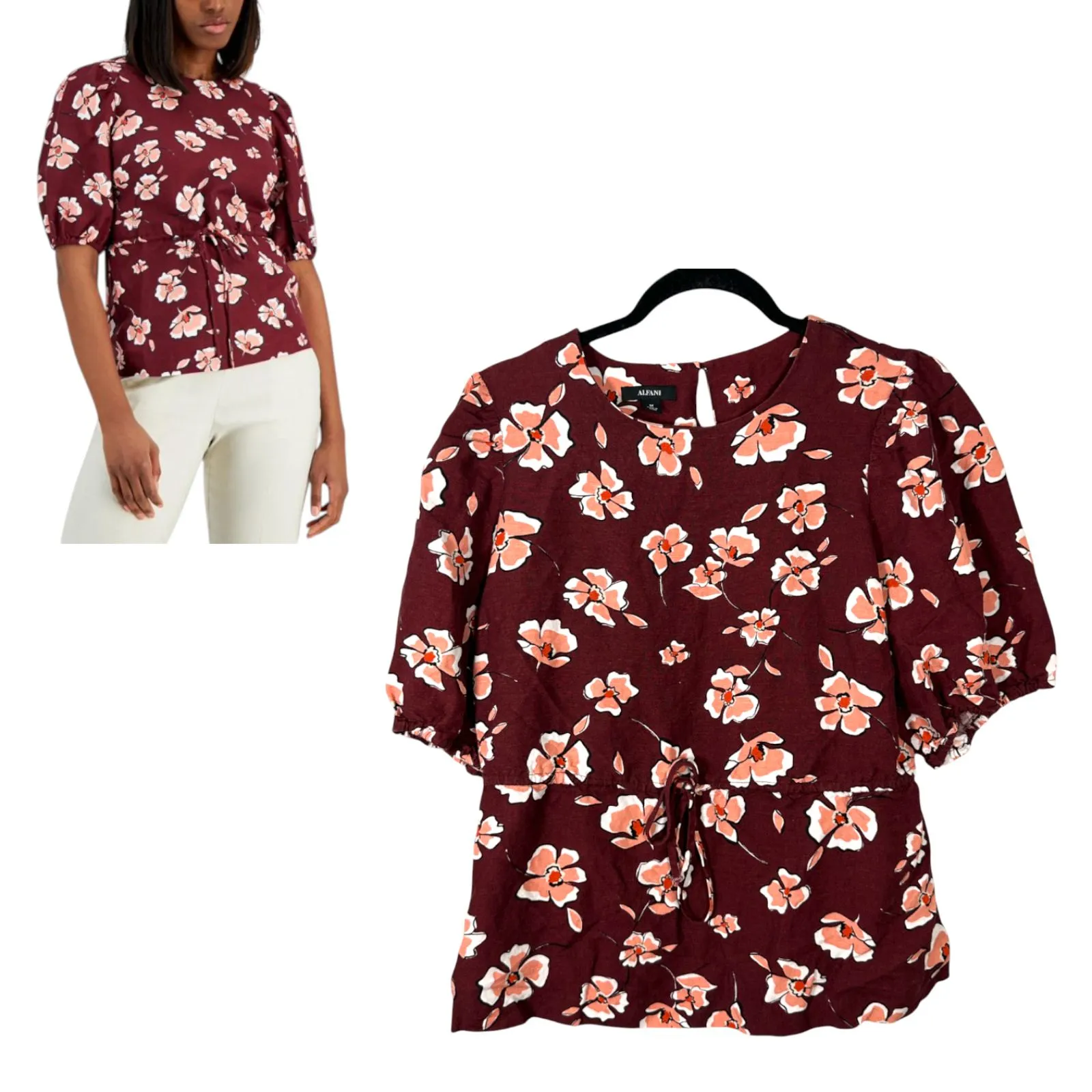 Alfani Linen Floral Burgundy Boho Bohemian Modest High Neck Blouse Size Medium Red - Image 2