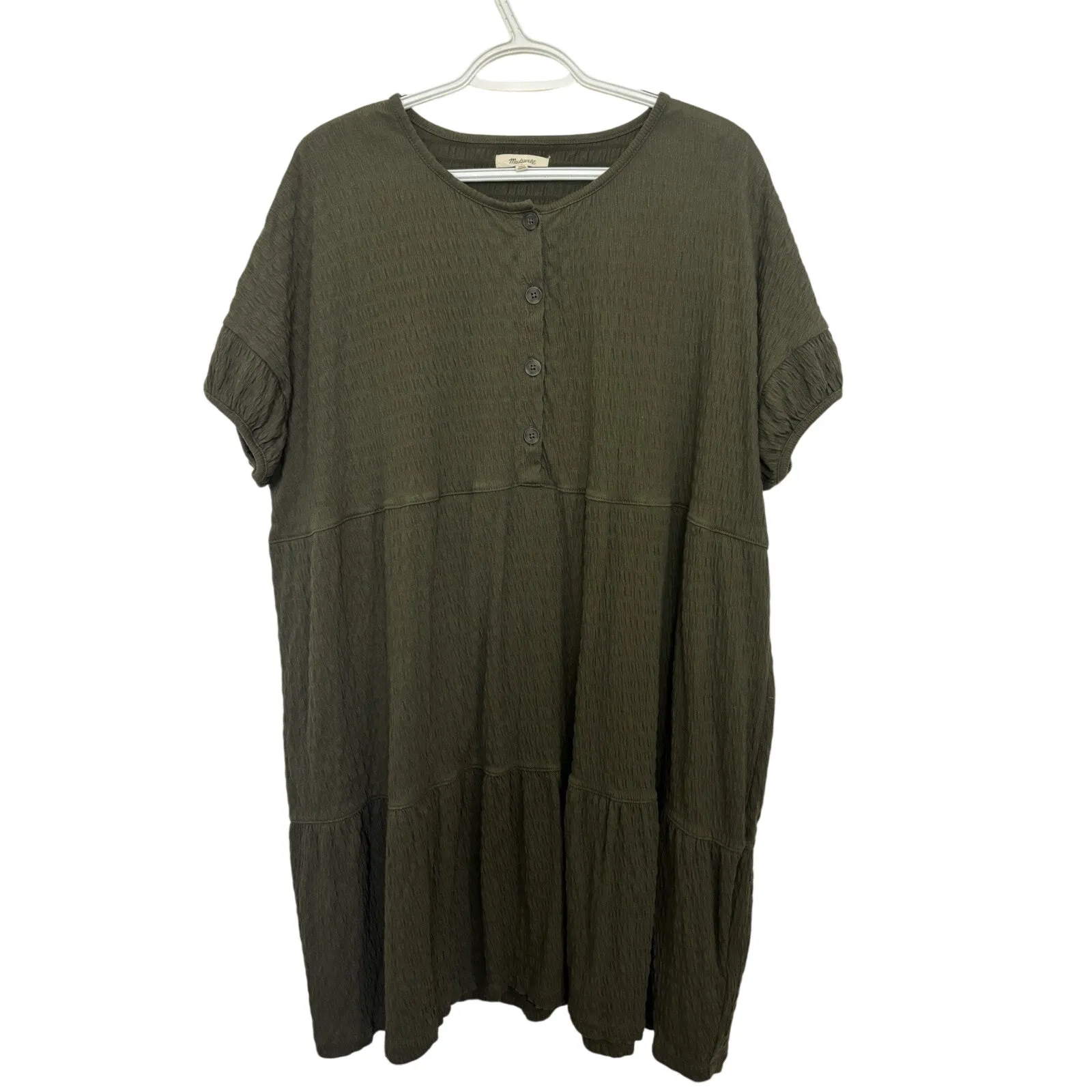 Madewell Green Crinkle Knit Tiered Mini Dress Size Large Babydoll Minimalist - Image 2