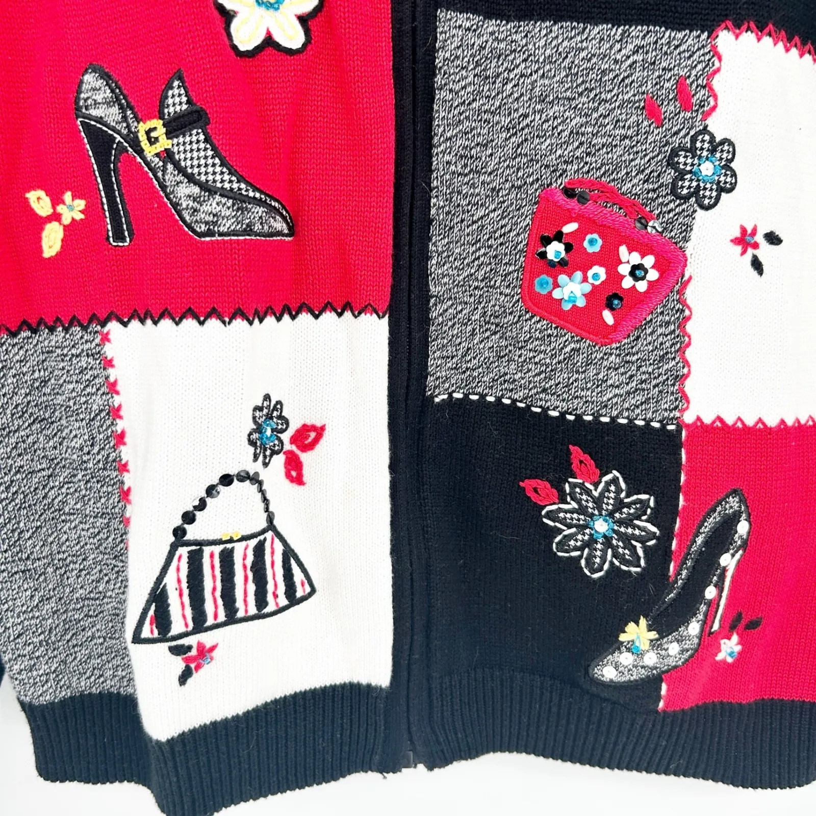 Alfred Dunner Womens Vintage New York Shopping Zip Up Novelty Cardigan Sweater - Image 3