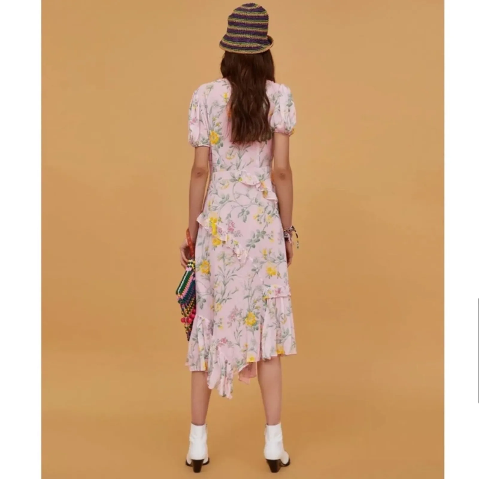 Zara Light Pink‎ Floral Ruffle Asymmetrical Slit Midi Dress Size S - Image 2