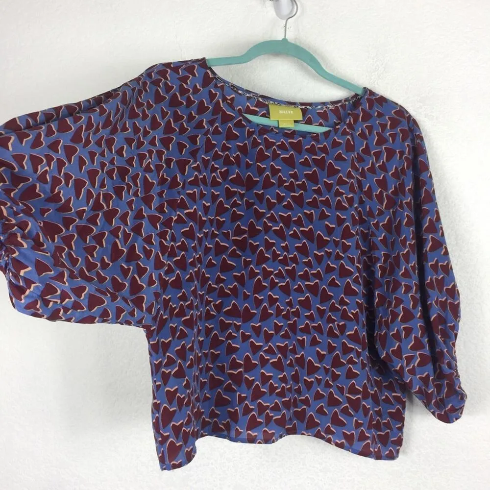 Anthropologie Maeve Silk Heart Blouse Small Dolman Sleeve Blue Red Lightweight - Image 10