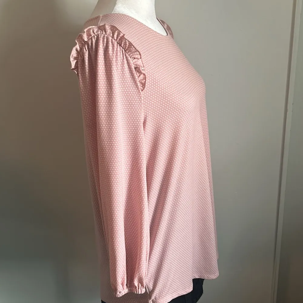 Adrianna Papell Feminine Long Sleeve Polka Dot Ruffled Shoulder Crewneck Blouse - Image 3